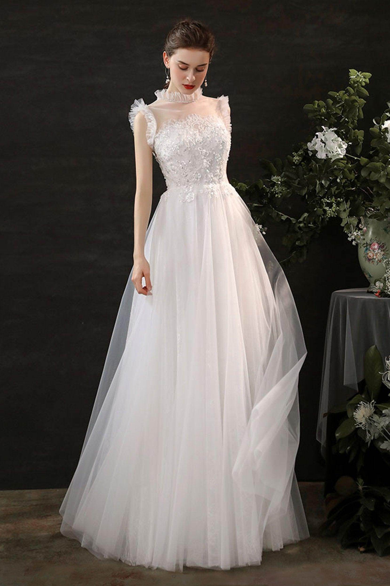 A-Line Sweep-Brush Train Lace Tulle Wedding Dress CW2701 - COCOMELODY